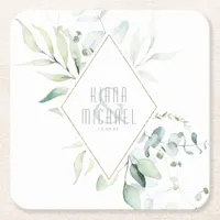 Dreamy Greenery Wedding Green/Blue ID817 Square Paper Coaster
