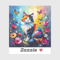 Colorful Impasto Cat, Flowers and Butterflies Sticker