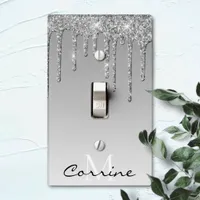 Silver Monogram Glitter Drips Pretty Platinum Grey Light Switch Cover