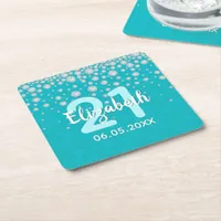 21st birthday teal green glitter diamonds name square paper coaster