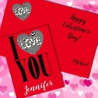 I love you black and white striped heart on red holiday card