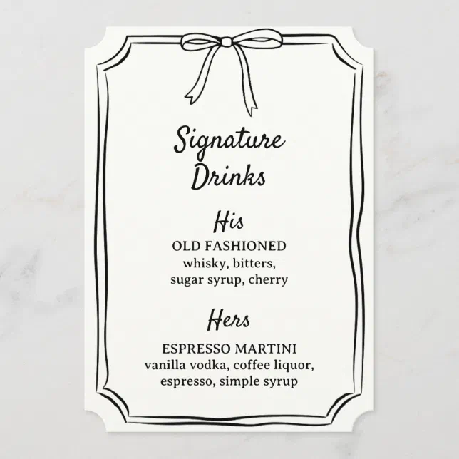 Hand Drawn Bow Signature Drinks Wedding Bar Menu