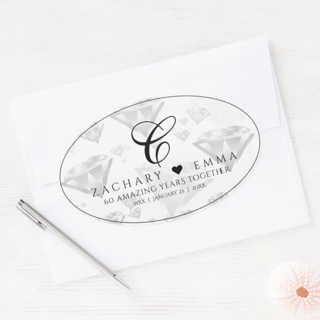 Elegant 60th 75th Diamond Wedding Anniversary Oval Sticker