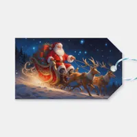 Santa delivering kids toys, reindeer pulling Santa Gift Tags