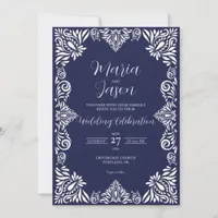 Mexican Navy Blue Floral Classic Elegant Wedding Invitation
