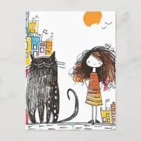 Girl and the Giant Black Cat in the City Postcard