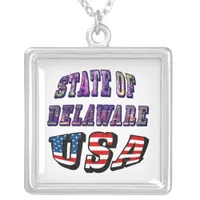 State of Delaware USA Photo & Flag Text Square Silver Plated Necklace