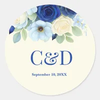 Navy Royal Bue Wedding Watercolor Ivory Flowers Classic Round Sticker