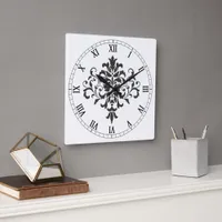 Elegant Vintage Black and White Damask Square Wall Clock