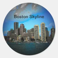 Boston Skyline Photo Art Drawing Classic Round Sticker