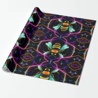  Vibrant Neon Honeybee with Abstract Hexagonal  Wrapping Paper