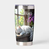 Napping White Cat and Purple Flowers Personalized Insulated Tumbler