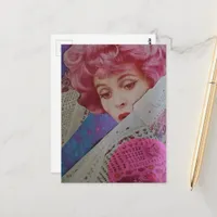 Beautiful Pink Hair Retro Lady Mixed Media Collage Postcard