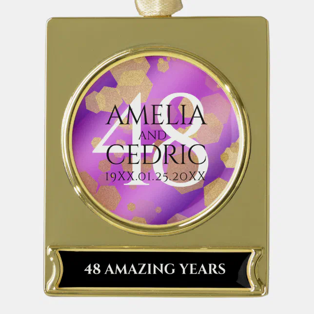 Elegant 48th Amethyst Wedding Anniversary Gold Plated Banner Ornament