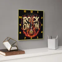 Fiery guitar artwork with rock-themed design square wall clock