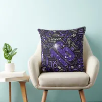 Sweet Sixteen Sparkle Word Cloud Purple Blk ID265 Throw Pillow