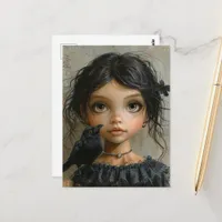 Cute Goth Girl with a Black Bird Postcard