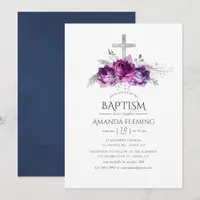 Plum and Navy Floral Baptism or Christening Invitation
