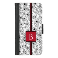 Hand Drawn Floral White Black Pattern and Monogram iPhone 8/7 Wallet Case