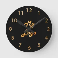 Custom logo image business black gold round clock