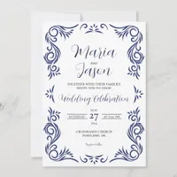 Mexican Navy White Vintage Formal Elegant Wedding Invitation