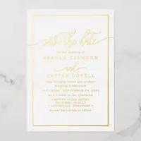 White And Gold Calligraphy Save The Date Foil Card