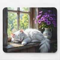Napping White Cat and Purple Flowers  Mouse Pad