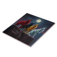 Stunning Four Wolves, One Midnight Desert Howl Ceramic Tile