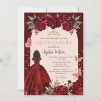 Burgundy Gold Floral Princess Quinceañera Quince Invitation