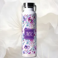 Purple Floral Watercolor Monogrammed Water Bottle