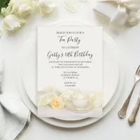 Tea Cup and White Rose Birthday Party Invitation