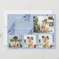 Dusty Blue Christmas Pagoda Trees 5-Photo  Holiday Card