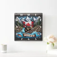 Beaver by Mountain and Ocean Square Wall Clock