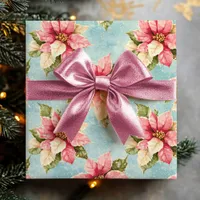 Vintage Poinsettia Flower in Pink Blue Christmas  Wrapping Paper