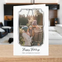 Minimalist Simple Bow Black and White Family Photo Holiday Card