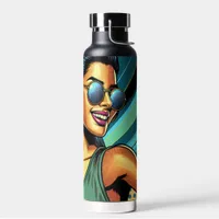 Pop Art Woman in Headphones Dancing Water Bottle