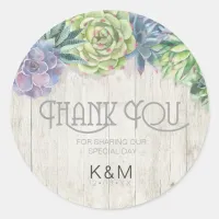 Succulents and Rustic Wood Wedding Thank You ID515 Classic Round Sticker