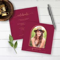 Modern Arch Burgundy Gold Photo Graduation Invitation