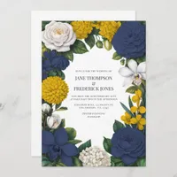 Navy Blue, Mustard Yellow & White Floral Wedding Invitation