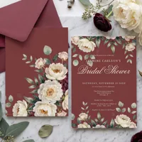Watercolor Burgundy White Peony Bridal Shower Invitation