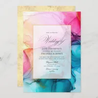 Hot-Pink, Blue and Gold Alcohol Ink Wedding Invitation