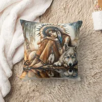 Native American Woman Sitting With A Wolf By Water Throw Pillow