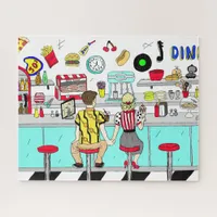 Retro Fifties Diner with Couple Holding Hands Jigsaw Puzzle