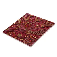 Beautiful Ruby Red & Gold Floral Abstract Ceramic Tile