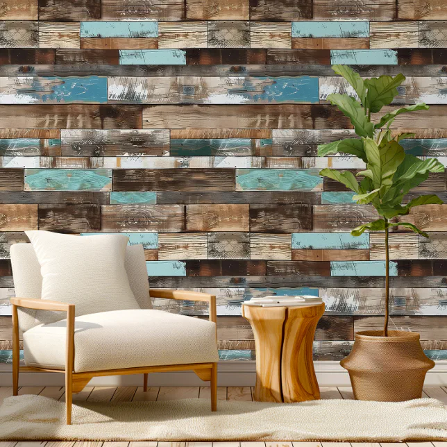 Distress Beachwood Hor Blue Brown Pattern Room  Wallpaper