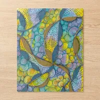 Teal Yellow Abstract Swirls Doodle Pattern Jigsaw Puzzle