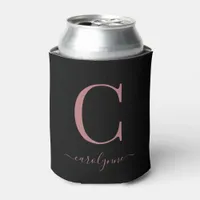 Chic Black Rose Gold Pink Monogram Script Can Cooler