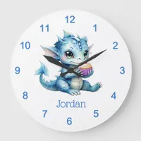 Cute Blue Baby Dragon Eating a Cupcake Large Clock