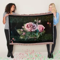 Pink Roses on black Throw Blanket