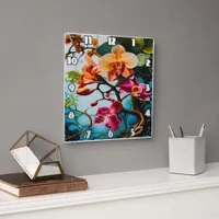 Vibrant Purple Orchids Against Colorful Background Square Wall Clock